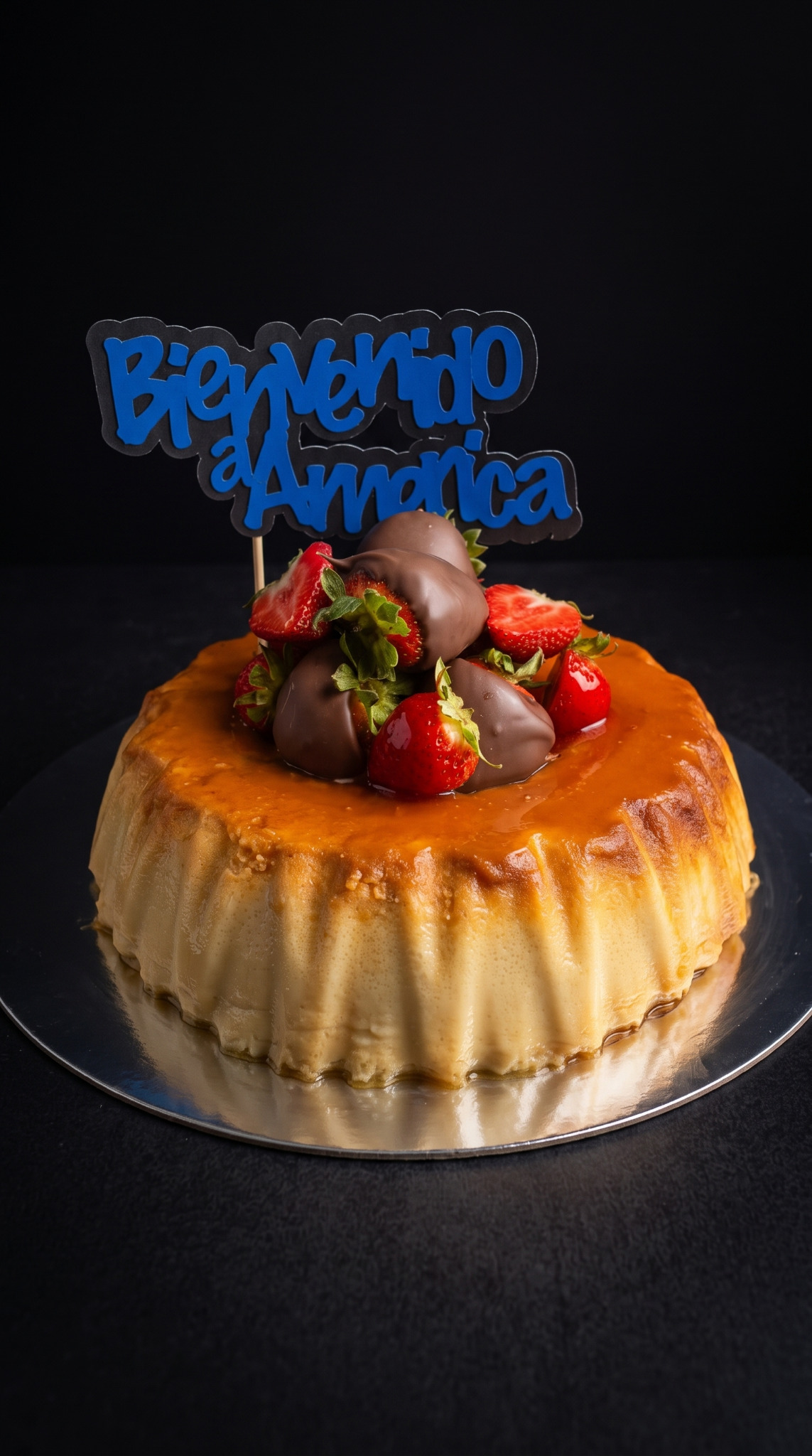 A round custard dessert topped with fruit