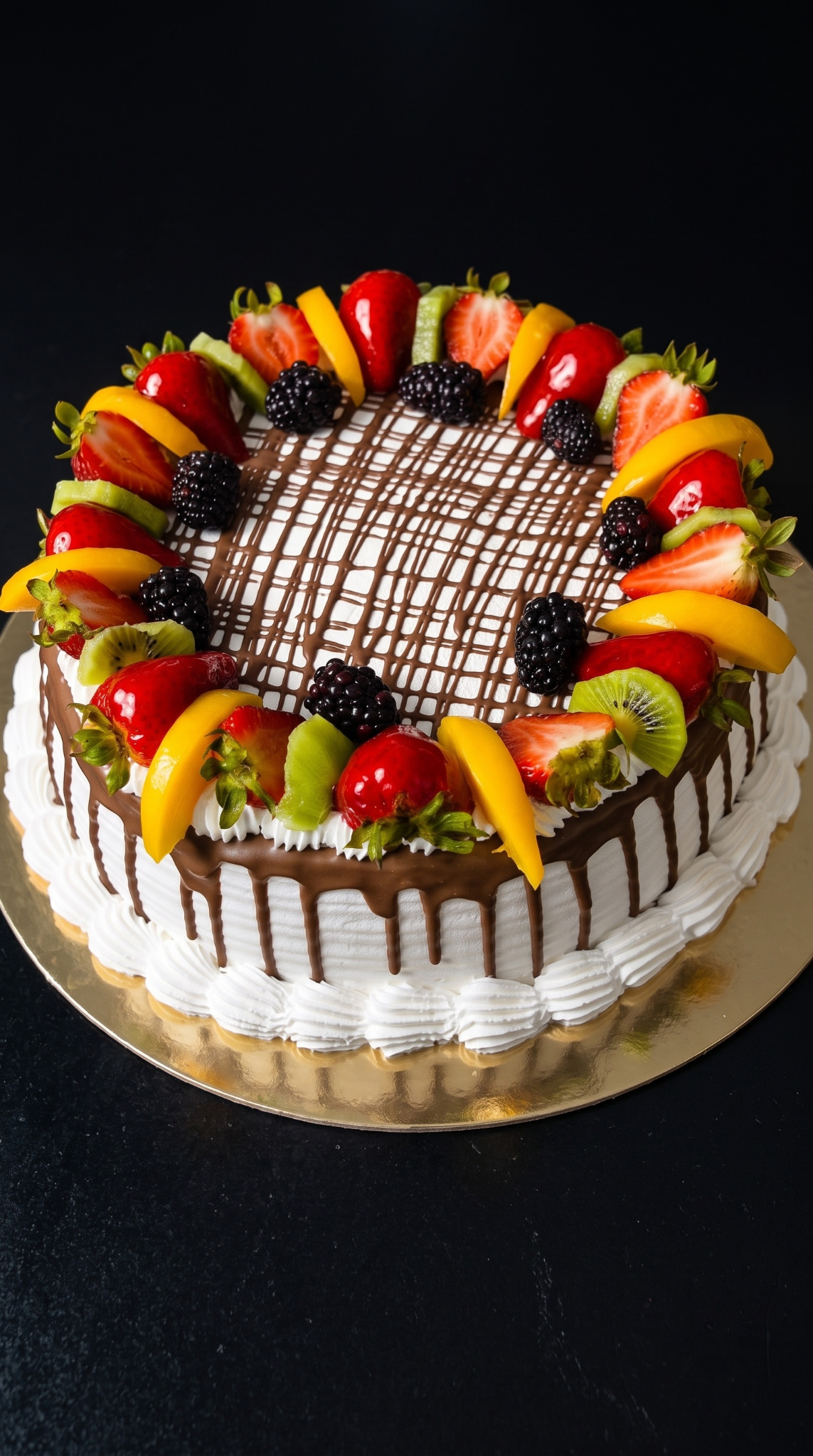 A round dessert topped with fruit and chocolate drizzle